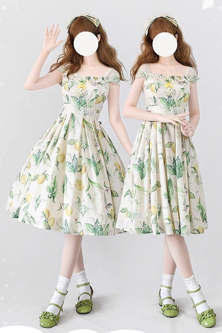 Yellow Green Lemon Bowknot Chiffon Sweet Elegant Jsk Dress