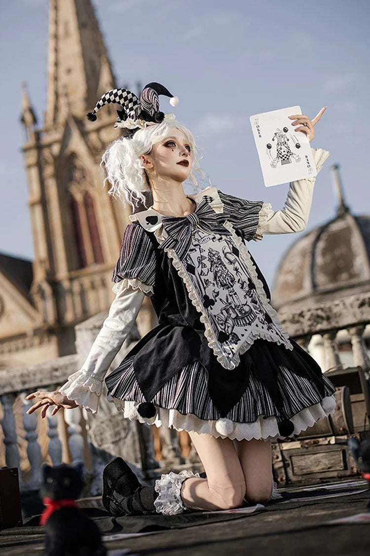 Gothic Lolita Dress Set with Ruffled Bow and Long Sleeves - Black