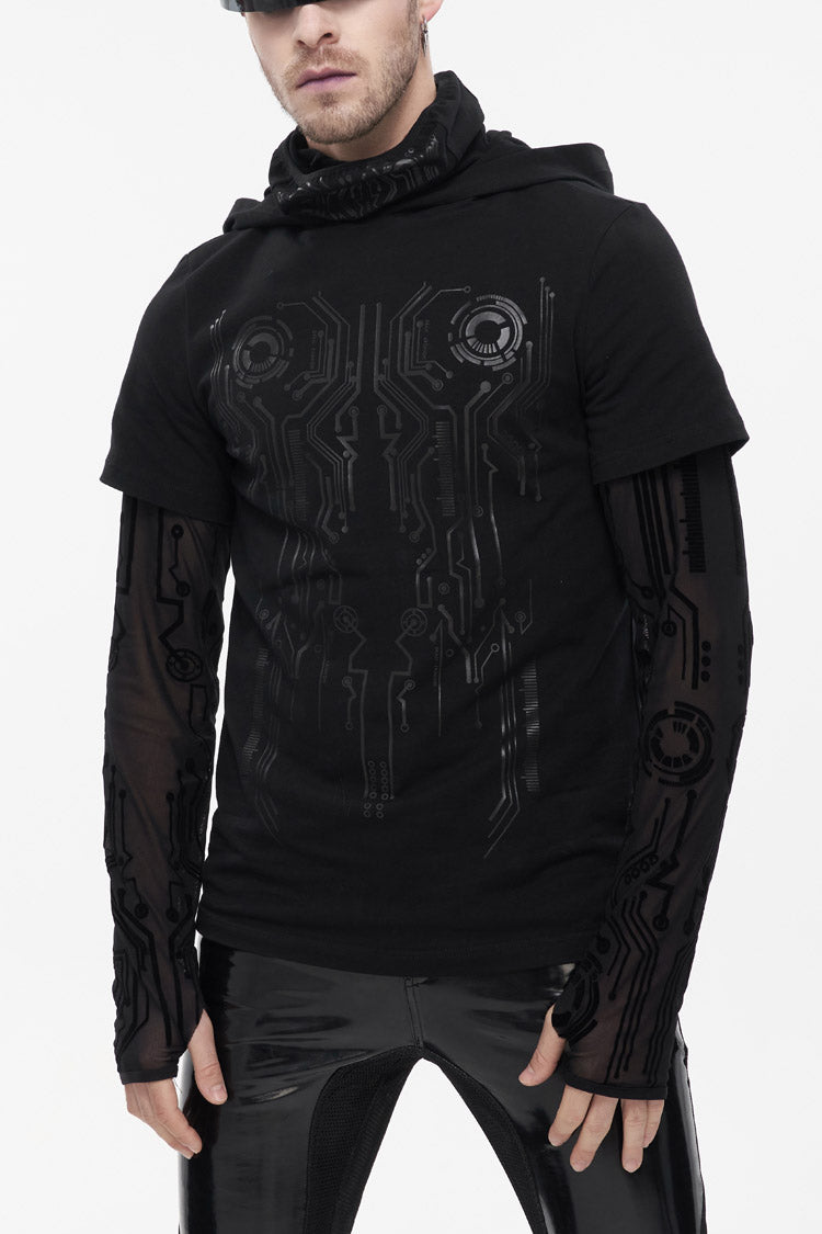 Mesh Paneled Hooded T-Shirt with Circuit Print for Men