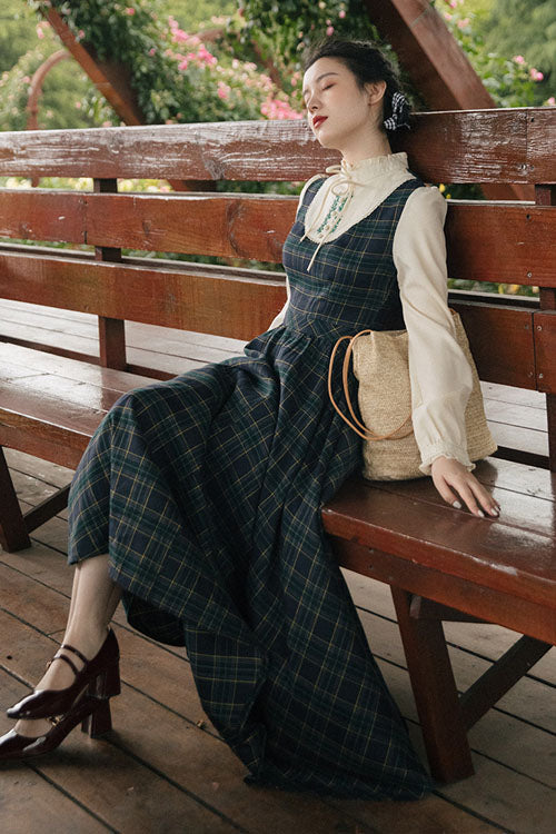 Vintage Plaid High-Waisted Lolita Dress with Embroidery