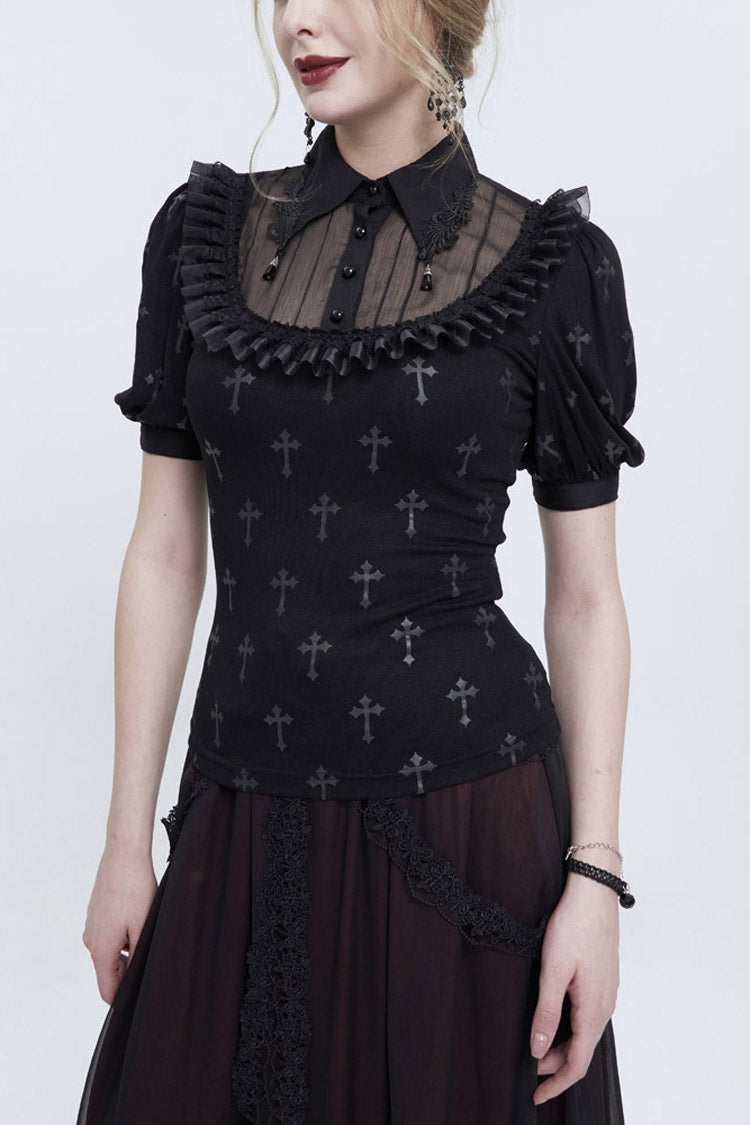Punk Shirt with Cross Print Lace Collar Strap Pendant Chest Panel