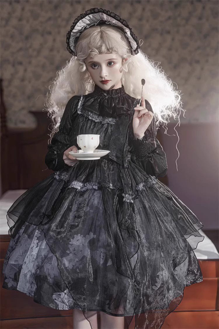 Black Mandarin Collar High-Waist Dead Leaf Print Tulle Gothic Lolita JSK