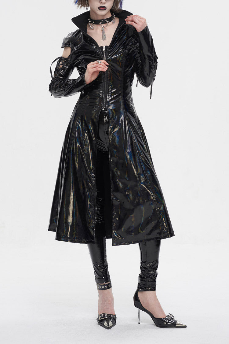 Patent Leather Mesh Spliced Long Punk Coat for Women Lace-Up