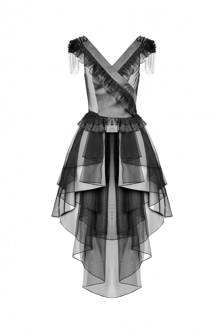 Layered Ruffled Sheer Mesh Punk Dress with V-Neck