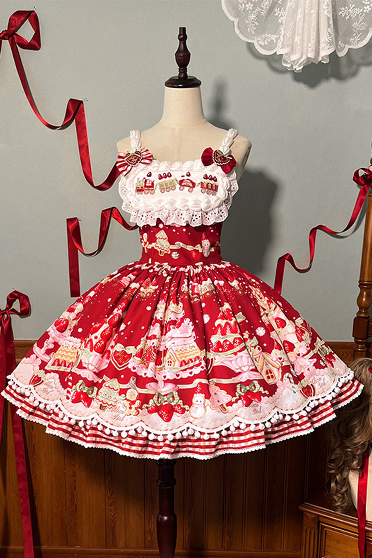 Mint Strawberry Dessert Printed Natural Waist Sweet Lolita JSK Dress - Ruffled