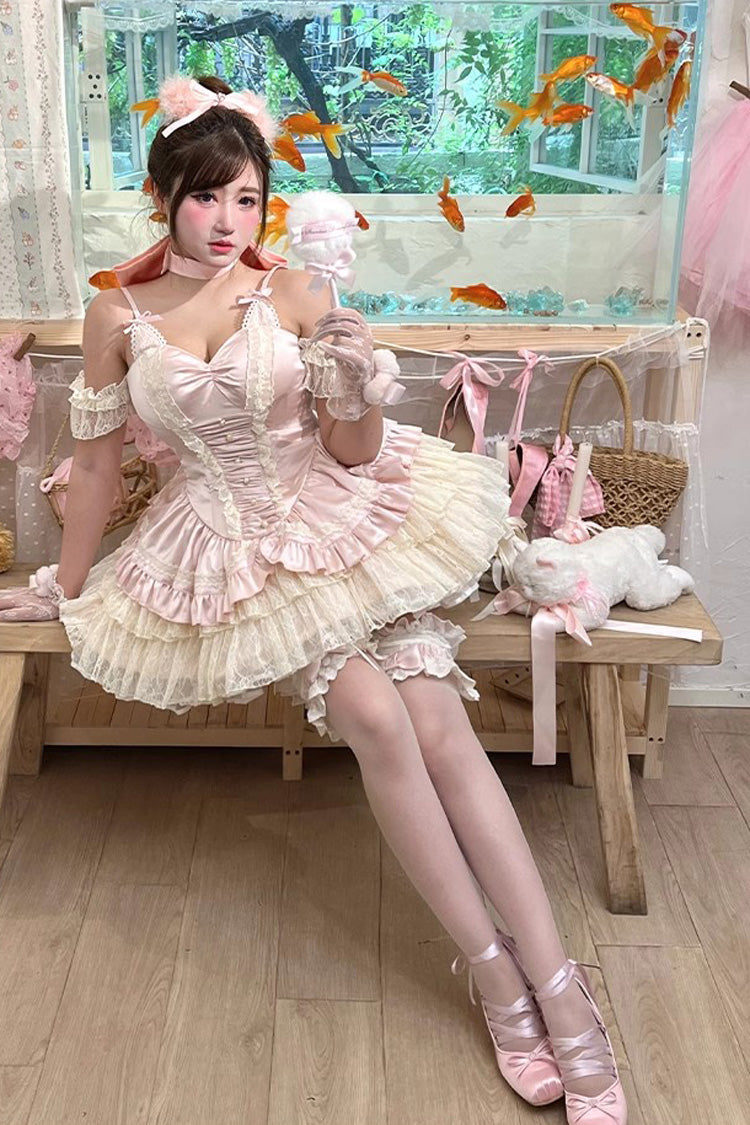 Pink Multi-Layered Ruffled Bow Lace Sweet Ballet Lolita JSK Dress