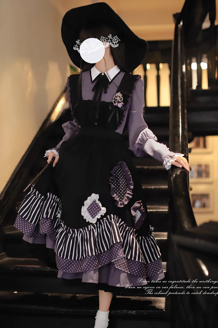 Black Stripe Print Bow Asymmetric Sweet Jumper - Witch Academy