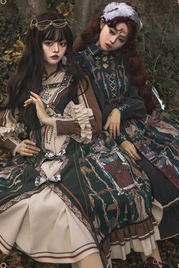 Tarot Print Puff-Sleeved Lolita Dress with Ruffles & Bow