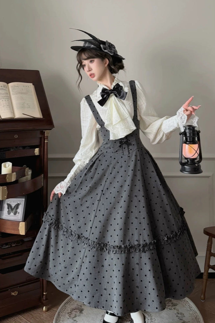Polka-Dot Fishbone Classic Princess Strap Dress in Black