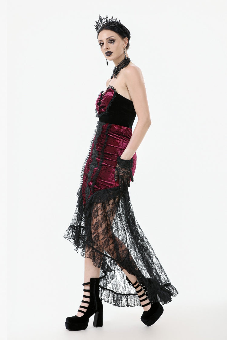 Crimson & Noir Velvet & Lace Lace-Up High-Low Maxi Gothic Skirt