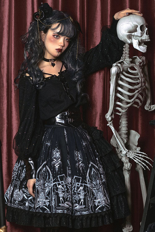 Black Red Heart Eye Print High Waist Gothic Lolita Skirt Dress - Altfashion Shop