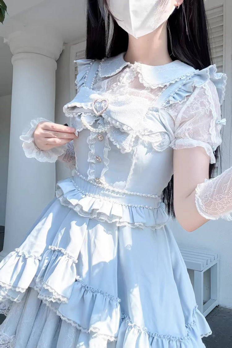 Light Blue Double-Layer Ruffle Bow Lace Sweet Jirai Kei Dress Set