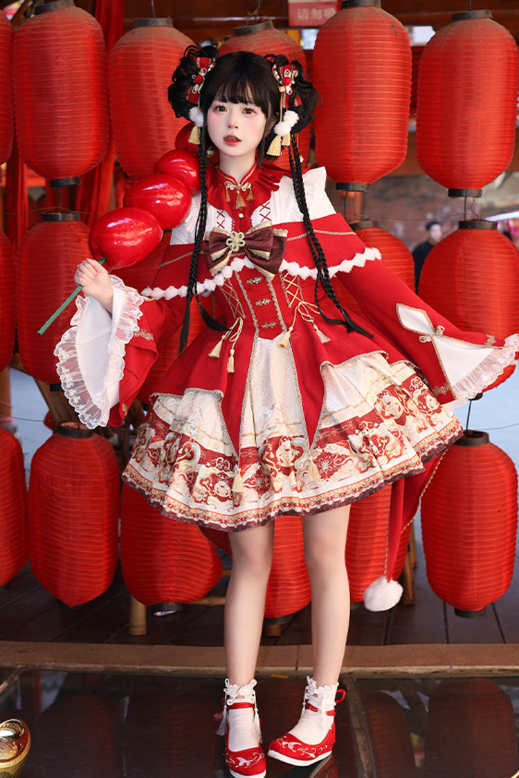 New Year Red Print Ruffle Bowknot Lace-Up Sweet Chinese Style JSK Dress