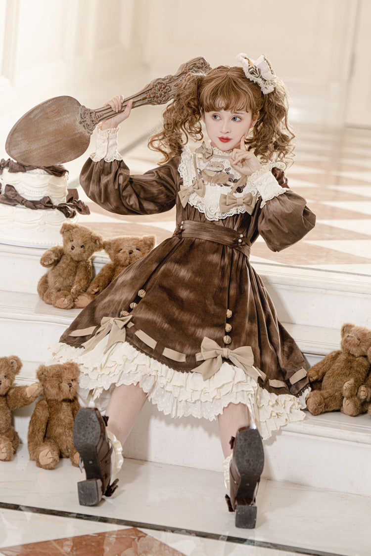 Chocolate Cat Print Long Sleeve Ruffle Bow Sweet Dress