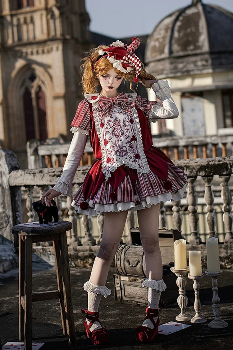 Gothic Lolita Dress Set with Ruffled Bow and Long Sleeves - Red