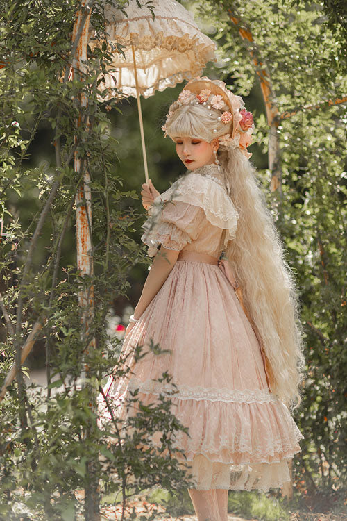 Rose Print Lolita OP Dress with Multi-Layer Ruffles, Sweet Style