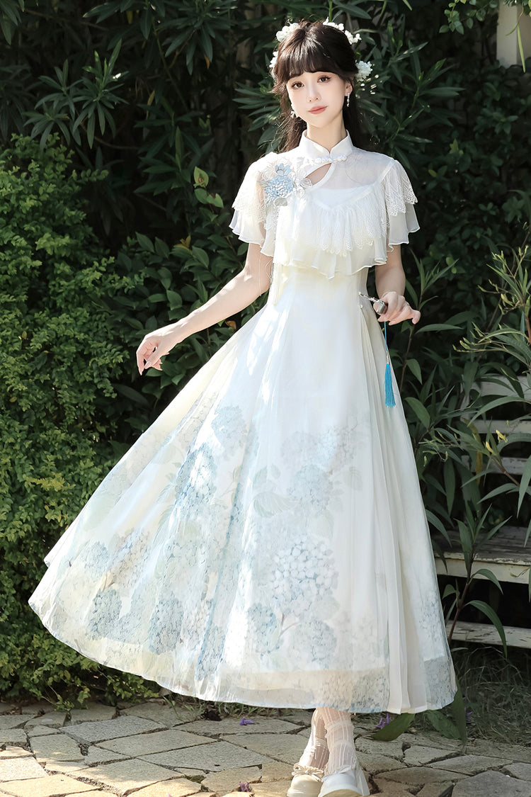 Ivory Print Ruffle Lace Chinese Elegant Dress