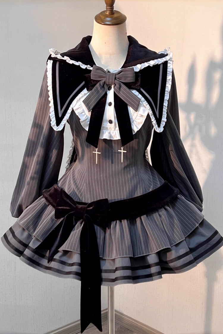 Navy Collar Long-Sleeved Printed Ruffled Bow Gothic Lolita Dress