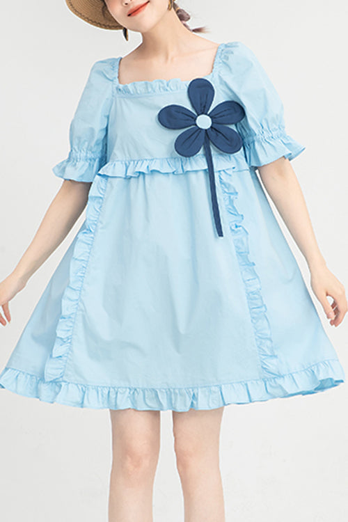 Azure Floral-Accessory Sweet Dress with Square Collar