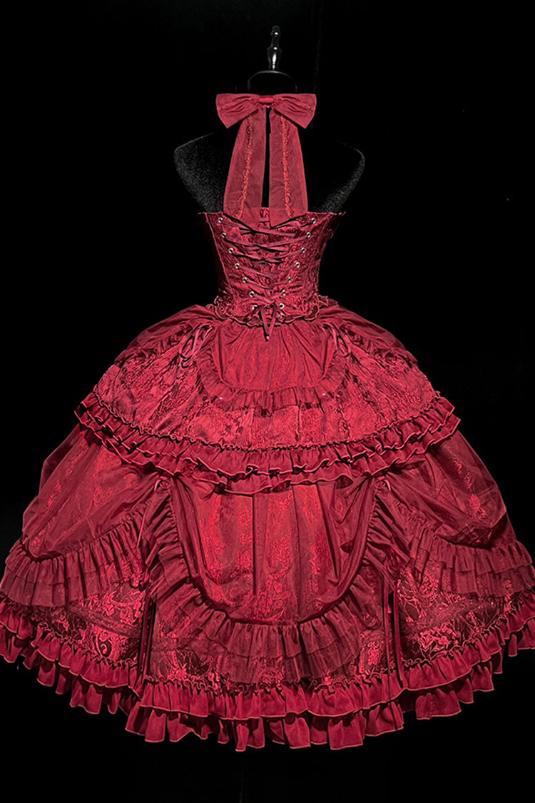 Wine Red Cross Halterneck Lace-Up Gothic Lolita Dress - Princess Ruffled