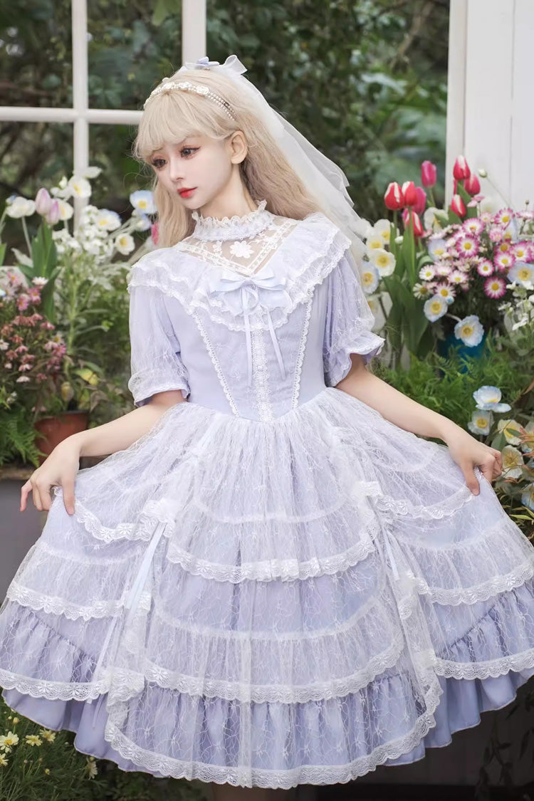 Periwinkle Iris Love Jacquard Bow-Tied Princess One-Piece