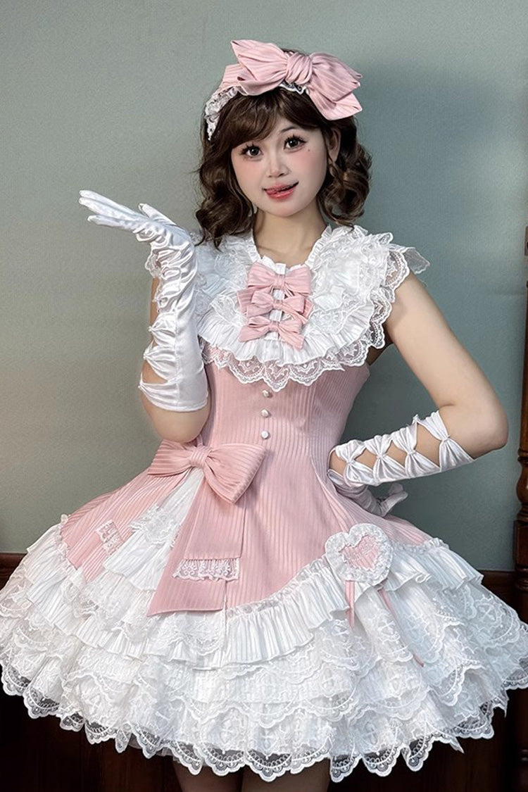 Pink Asymmetric Lace Bow Sleeveless Multi-Layer Ruffle Sweet Lolita Dress - Miss Tsundere