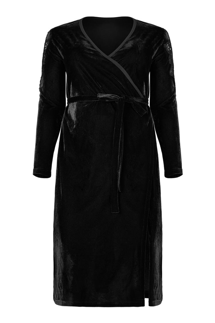 Velvet V-Neck Gothic Dress with Cutout Applique Hem
