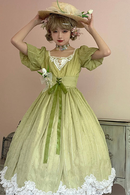 Green Square Collar Short Sleeve Multi-Layer Ruffled Classic Lolita OP Dress - Altfashion Shop