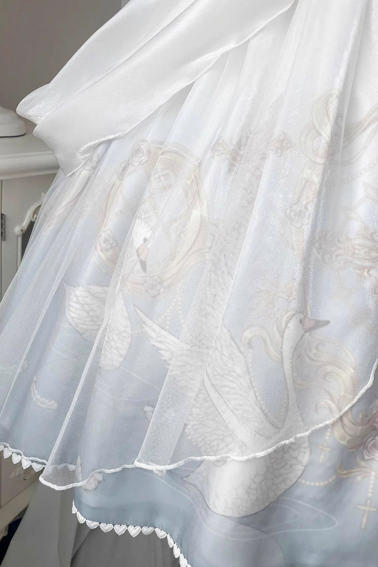 Swan Lake Print Ruffle Bowknot Elegant White Blue Lolita Jsk Dress - Flower and Letter