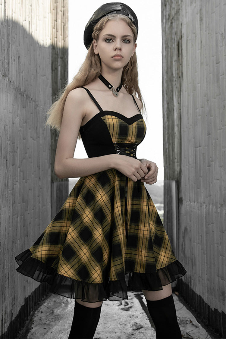 Lattice Plaid Stitching Binding Steam Punk Strap Dress