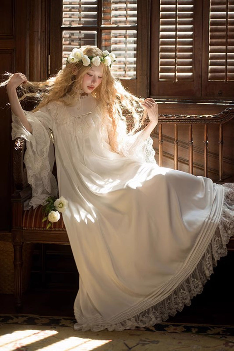 White Long Trumpet Sleeve Lace Sweet Elegant Princess Dress