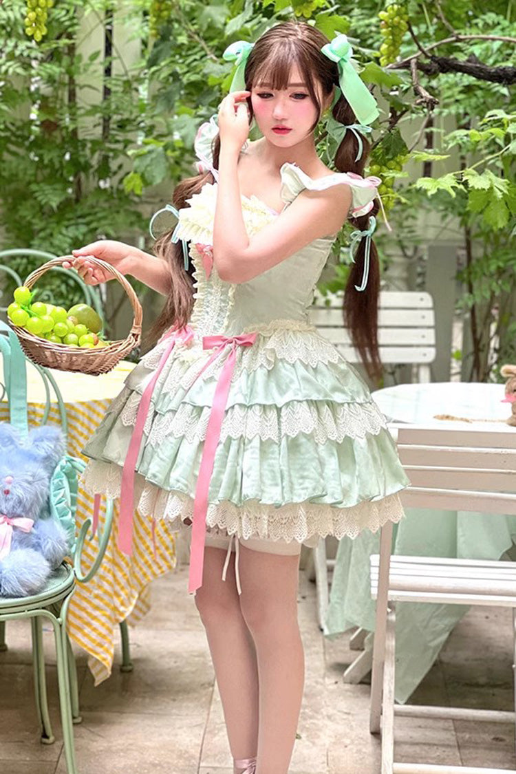 Green Multi-Layered Ruffled Bow Lace Sweet Ballet Lolita Dress