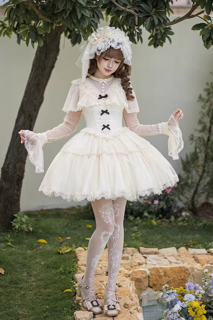 Elegant Sweet Lolita Dress with Edwardian Collar and Ruffled Bow - Ivory