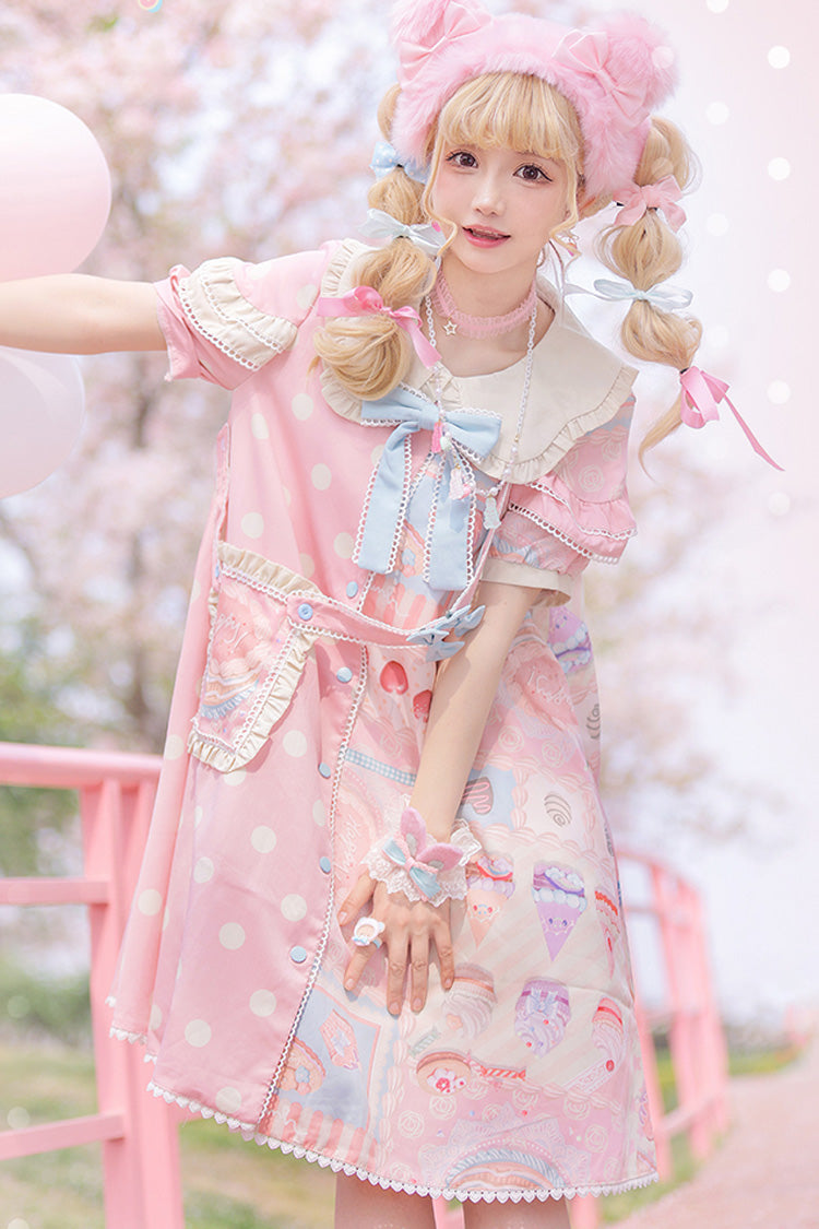 Chocolate Dessert Cake Printed Short Sleeved Ruffled Bow Lolita Dress