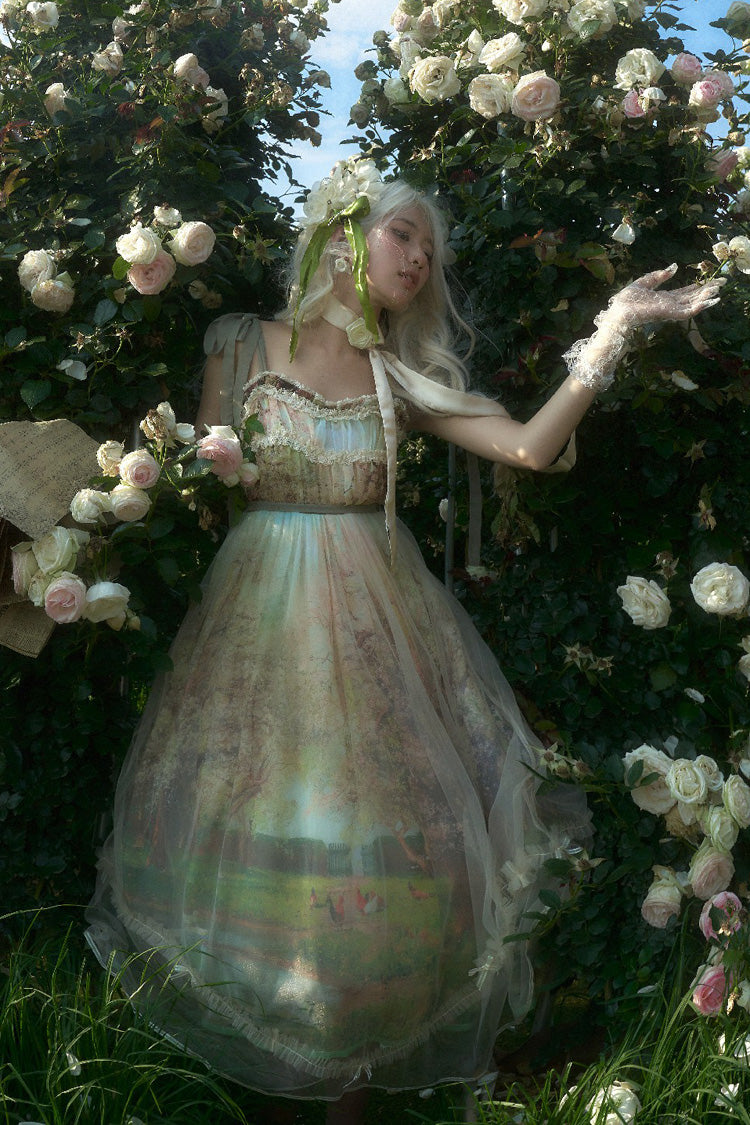 Green Oil Painting Spring Sleeveless Print Ruffle Bow Lace Sweet Jsk Dress