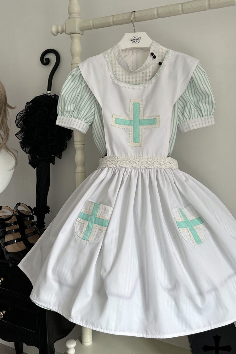 Green Striped Bow Nurse Lolita Stand-Collar
