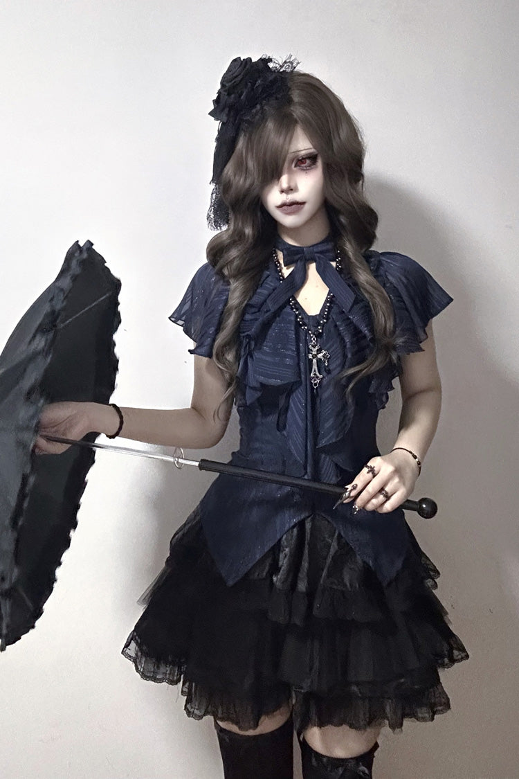 Cobalt Bow-Adorned Gothic Lolita Blouse with Ruffled Details