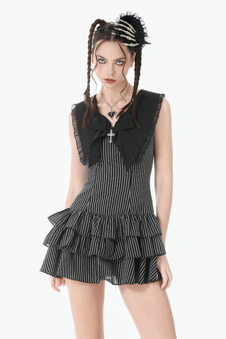 Bow Lace-Up Pinstripe Layered Sleeveless Dress - Gothic