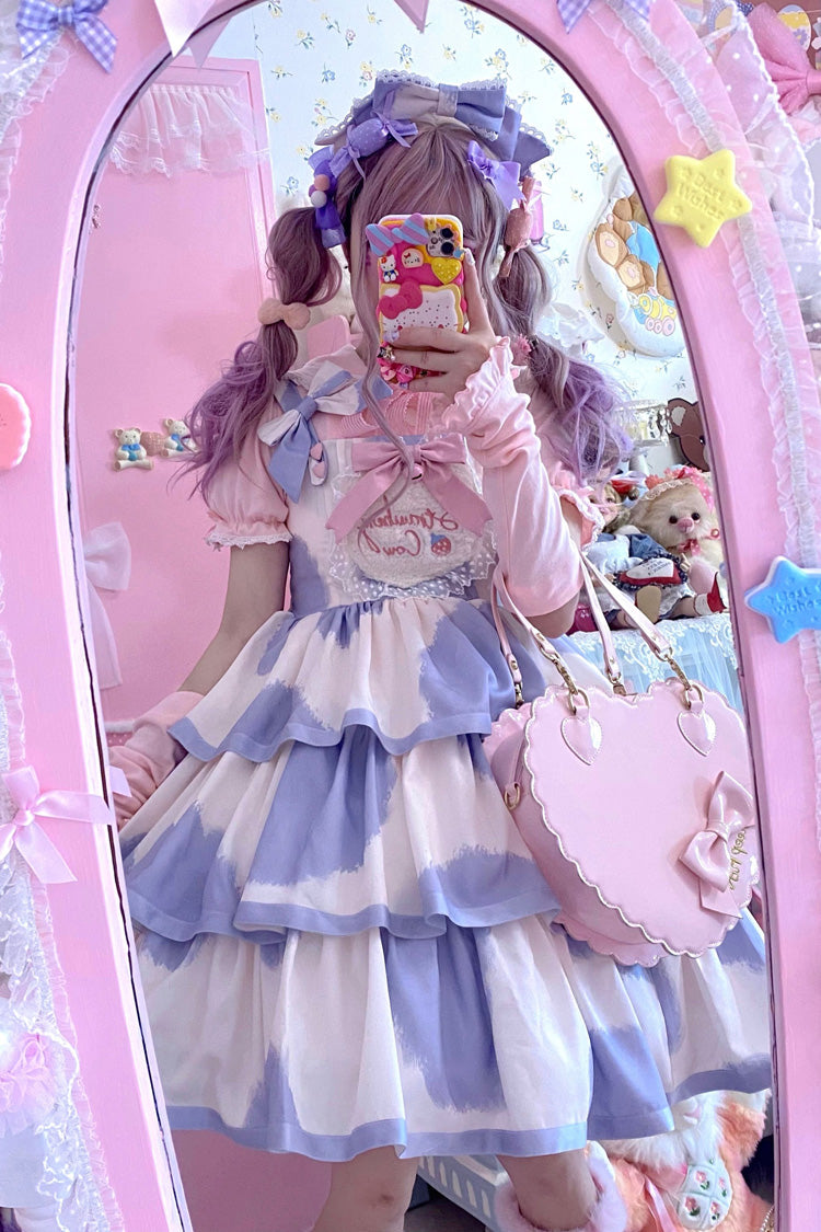 Azure Cow-Print Bowknot Sweet JSK with Triple Ruffles