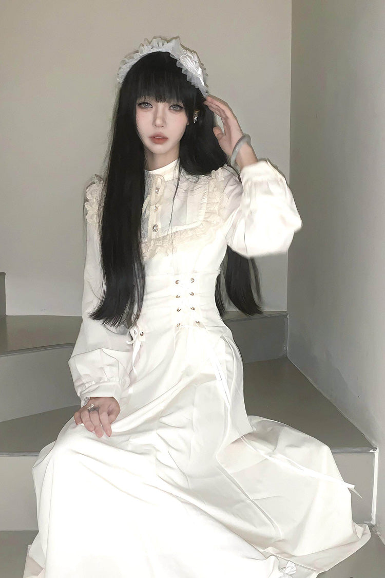 Gothic Apricot Stand Collar Long Sleeve Ruffled Lace-Up Midi Lolita Dress