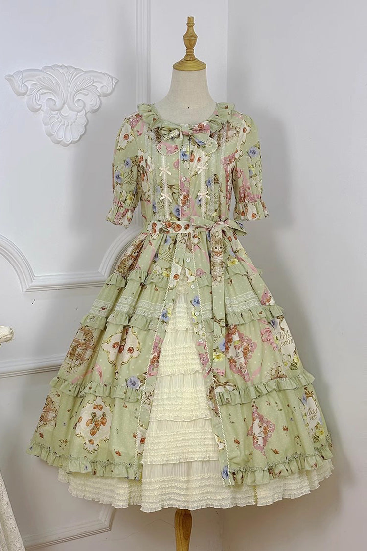 Green Short Sleeve Print Ruffle Cardigan Daily Sweet Dress
