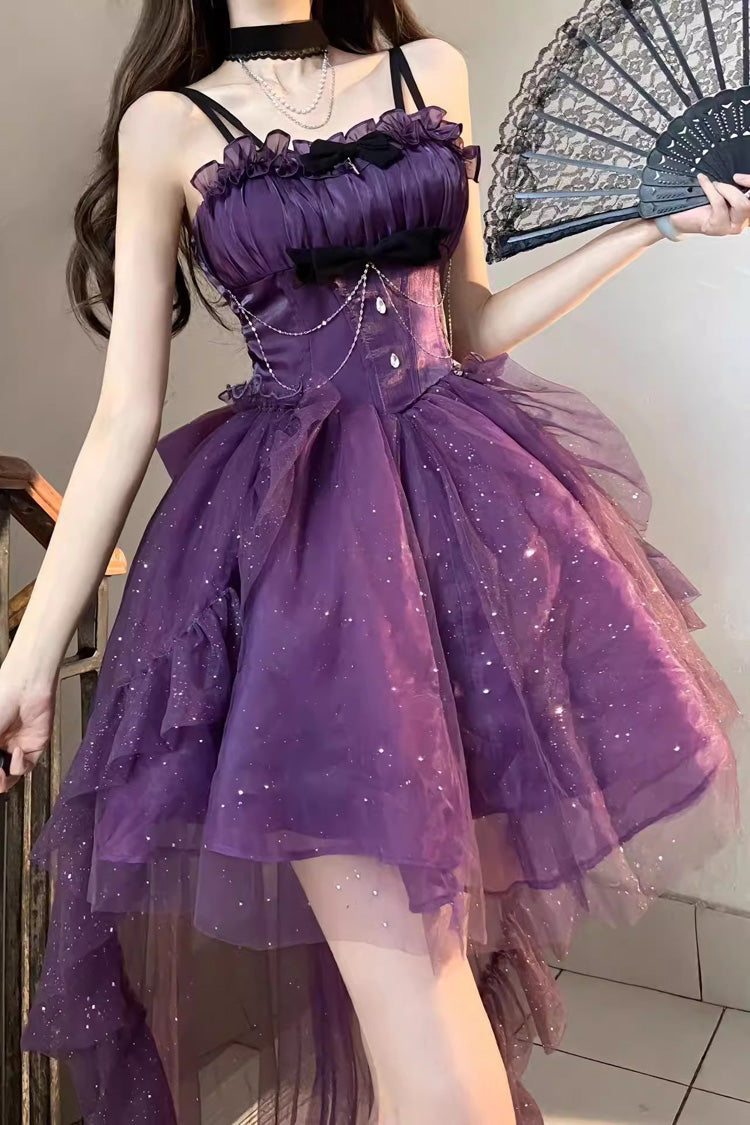 Grape Shimmer Bow Irregular Princess Jumper Dress with Train