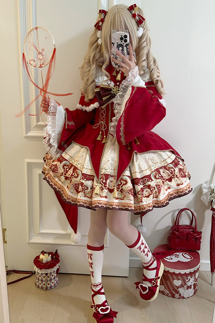 New Year Red Print Ruffle Bowknot Lace-Up Sweet Chinese Style JSK Dress