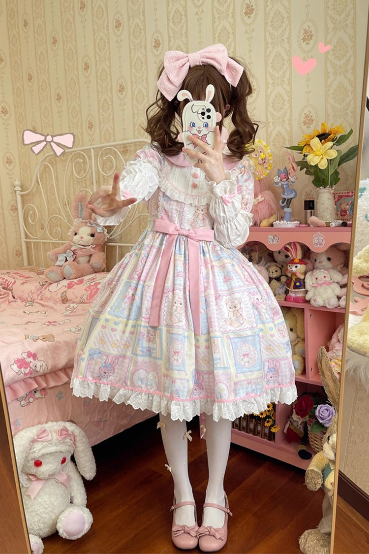 Lapel Collar Long Sleeve Printed Bow Sweet Lolita Dress