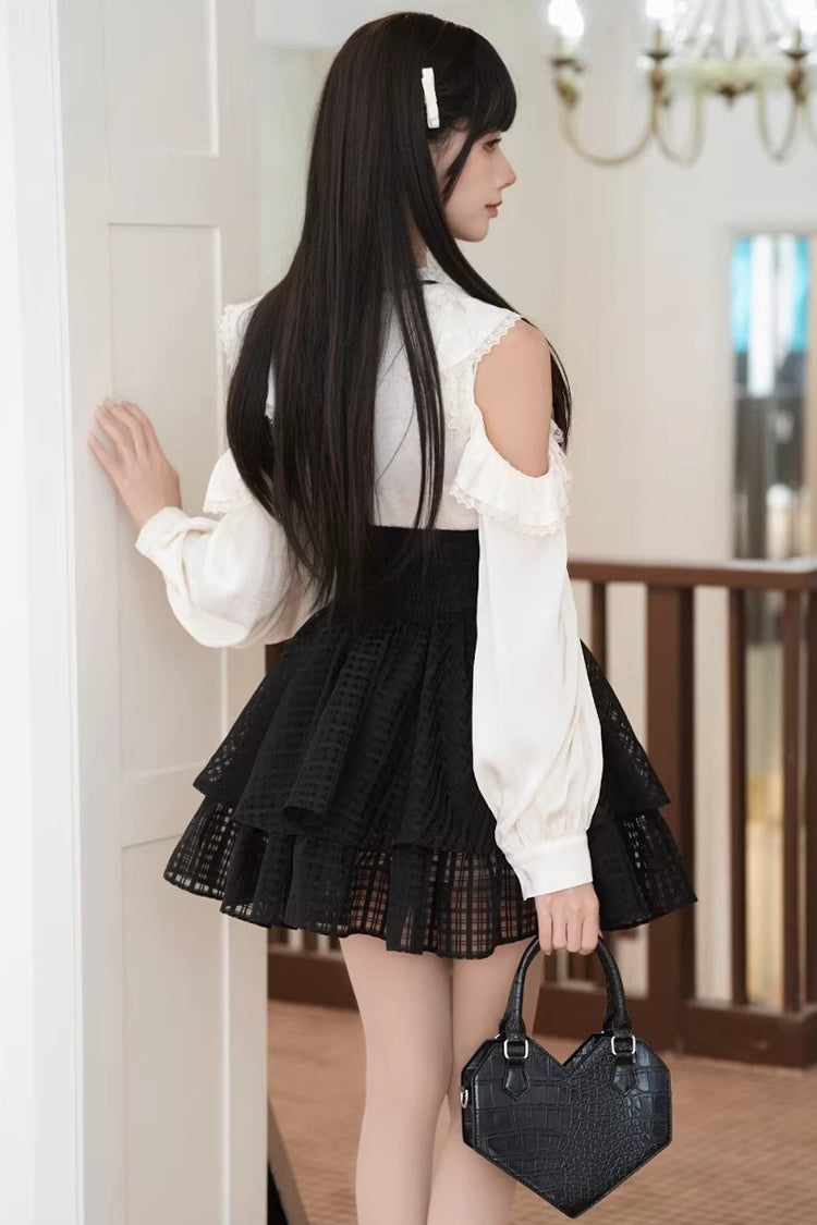Black and White Round-Collar Cut-Out Bow Lace-Up Elegant Skirt Set