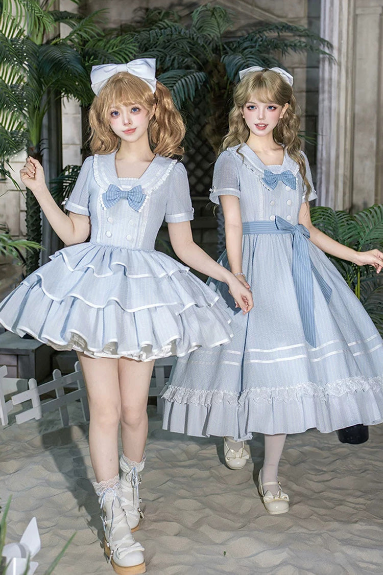 Sweet Lolita Dress with Printed Ruffled Bow and Navy Collar - Blue