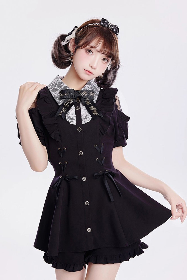 [Alice of Wednesday] Sweet Off Shoulder Short Sleeves Ruffle Bowknot Lace-Up Japanese Jirai Kei Dress Shorts Set 3 Colors