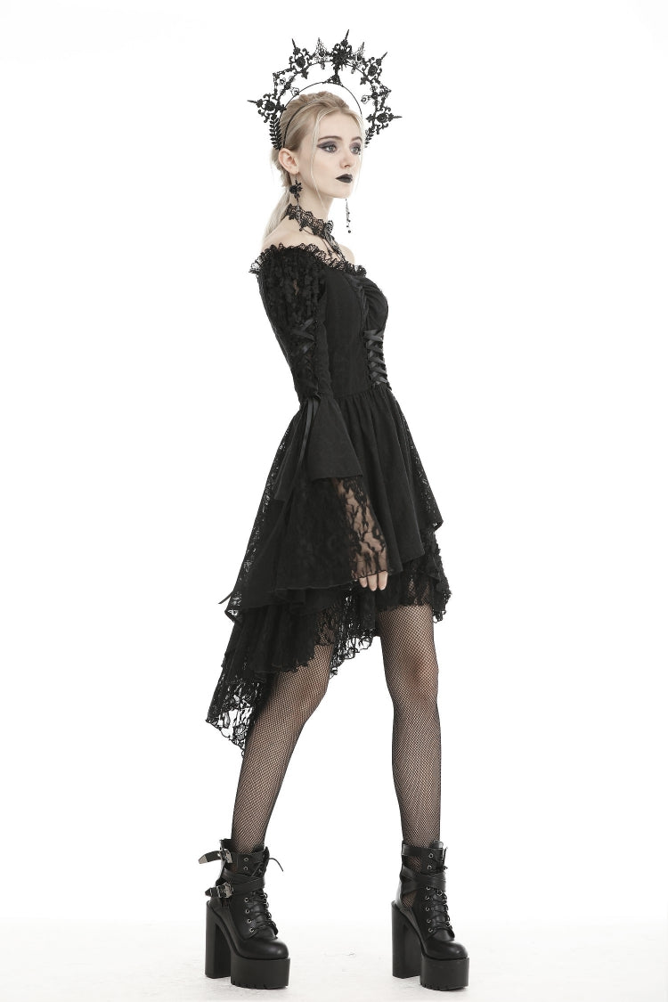 Black Off-Shoulder Trumpet Puff Sleeve Lace-Up Mesh Gothic Cocktail Dress
