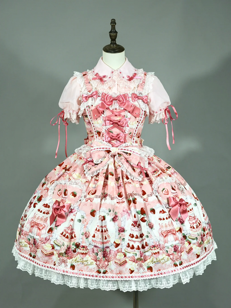 JSK Set Full Accents Print Pink Desserts Lolita Bow Sweet and / Strawberry