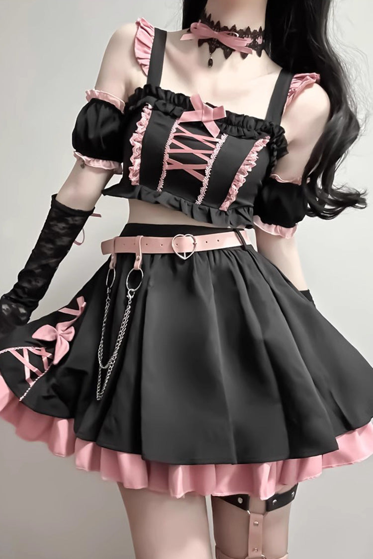 Black/Pink Tie Bow Gothic Sweet Strapless Two-Piece Dress Set - Sweet Lolita